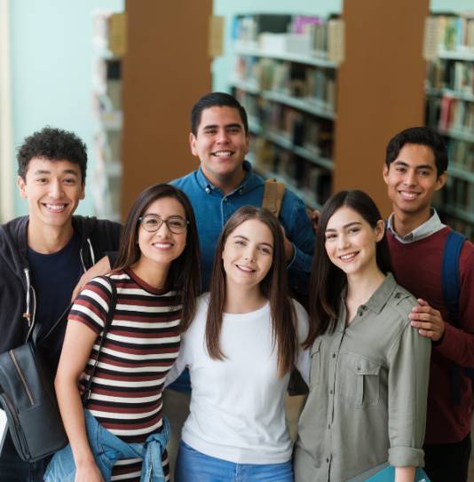 University building, diverse students in a learning environment